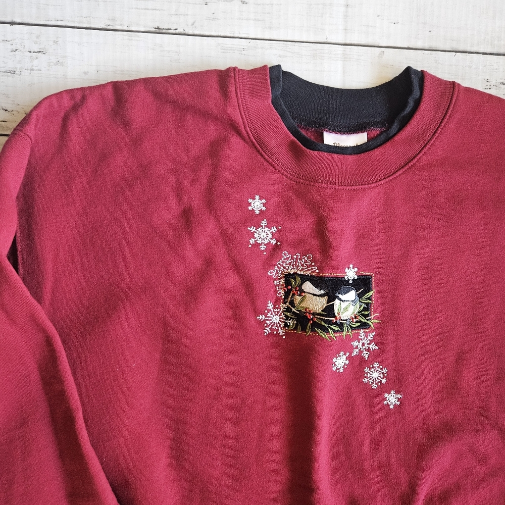 Vintage Holiday Red Bird Embroidered Double Collar‎ Crewneck Size Large